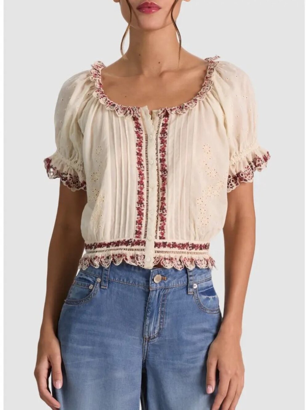 Alice + Olivia McLaine Embroidered Puff Sleeve Cropped Top Stacey Bendet szM New